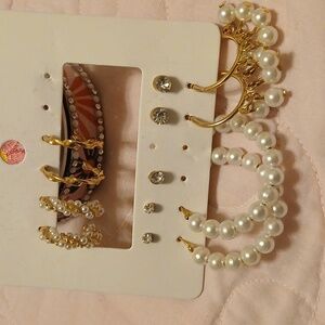 Pierced gold tone earrings. Dangle, stud, hoops. Set #1.